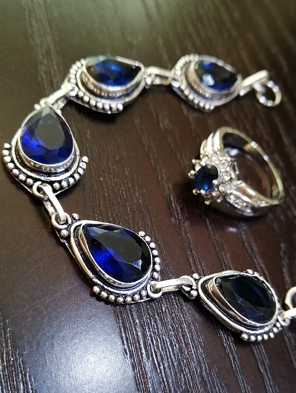 Deep Blue Teardrop Adjustable Bracelet and Ring Size 8.75 Bundle Lot